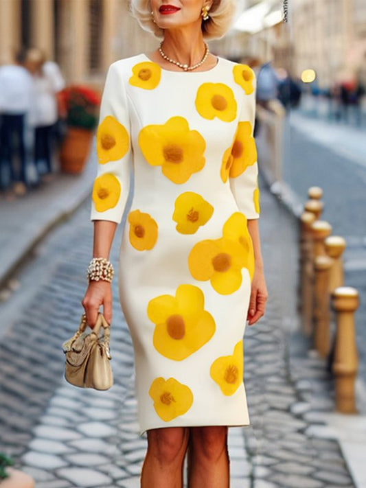 Three-Quarter Sleeves Flower Print Round-Neck Midi Dresses