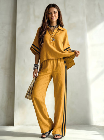 Striped Pockets Elasticity Contrast Color Wide Leg High Waisted Trousers Pants