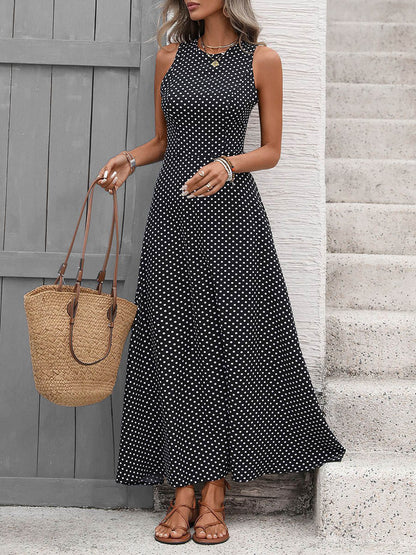 A-Line High Waisted Contrast Color Polka-Dot Round-Neck Maxi Dresses
