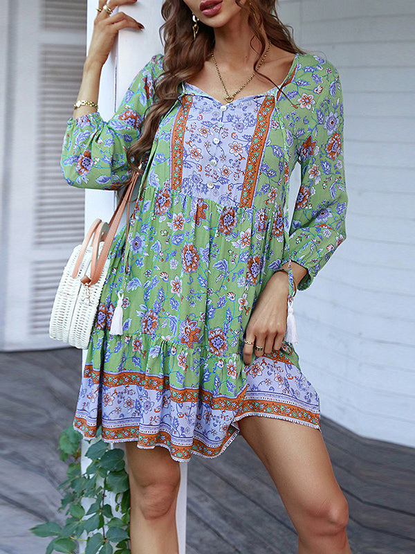 A-Line Loose Buttoned Contrast Color Flower Print Pleated V-Neck Mini Dresses