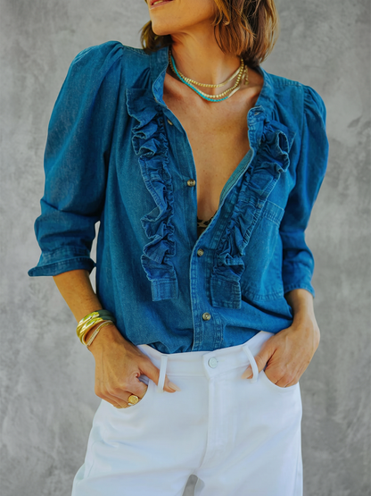 Solid Color Ruffle Trim Buttoned Three-quarter Sleeves Loose Round-neck Blouses&shirts Tops