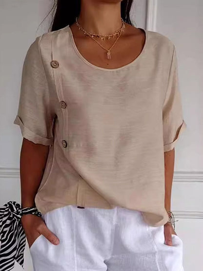 Loose Short Sleeves Buttoned Solid Color Split-Joint Round-Neck Blouses&Shirts Tops