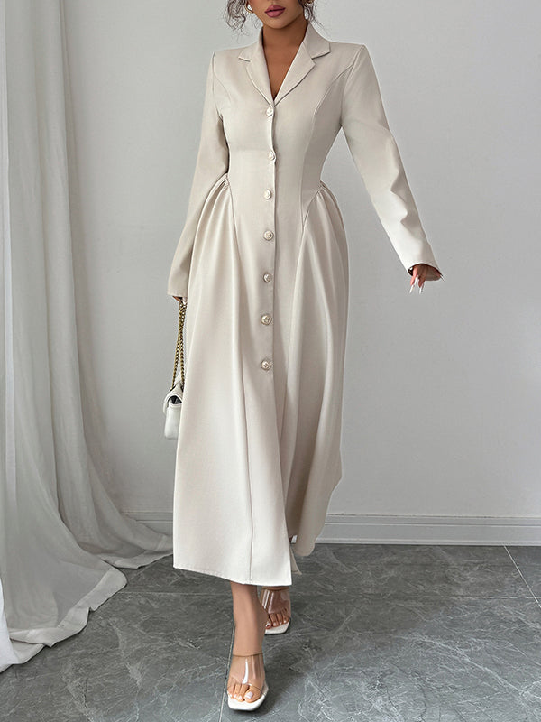 A-Line High Waisted Buttoned Pleated Solid Color Split-Joint Notched Collar Maxi Dresses Shirt Dress