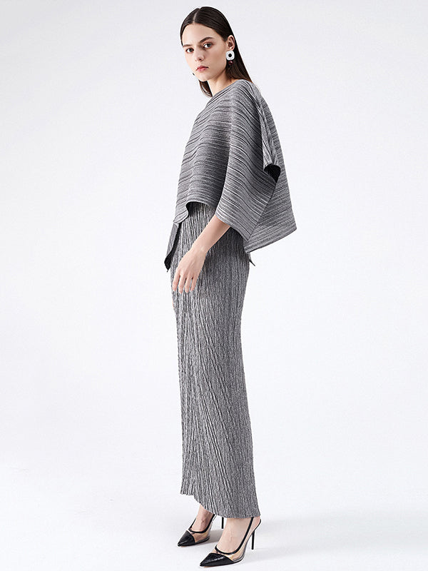 Urban Loose Solid Color Tied Pleated Top&V-Back Vest Dress Two Pieces Set