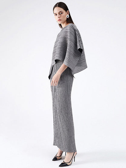 Urban Loose Solid Color Tied Pleated Top&V-Back Vest Dress Two Pieces Set