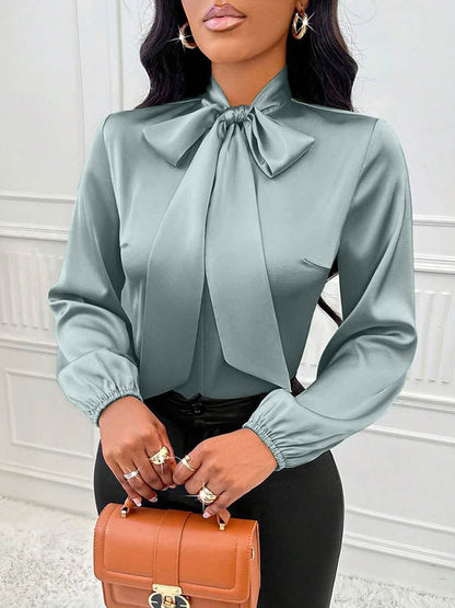Long Sleeves Loose Bow-Embellished Pleated Solid Color Split-Joint Scarf Collar Blouses&Shirts Tops