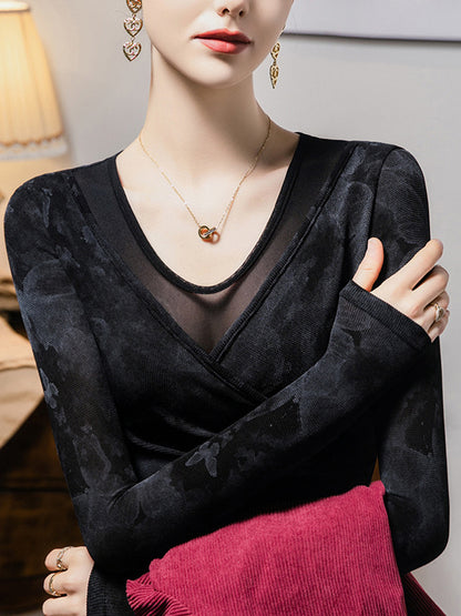 False Two Long Sleeves Split-Joint Tie Dye U-Neck T-Shirts Tops