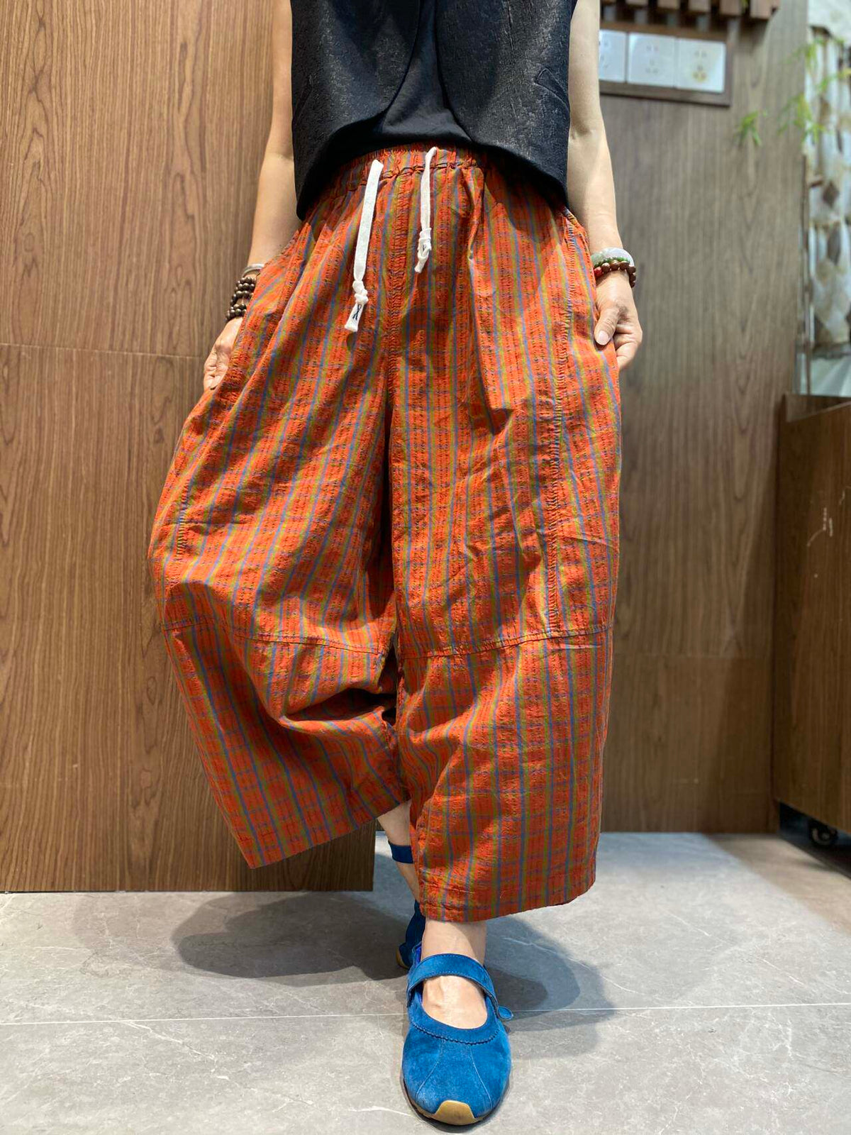 Plus Size Women Retro Ethnic Plaid Loose Cropped Wide-Leg Pants