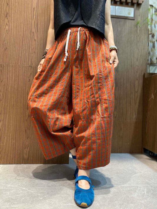Plus Size Women Retro Ethnic Plaid Loose Cropped Wide-Leg Pants