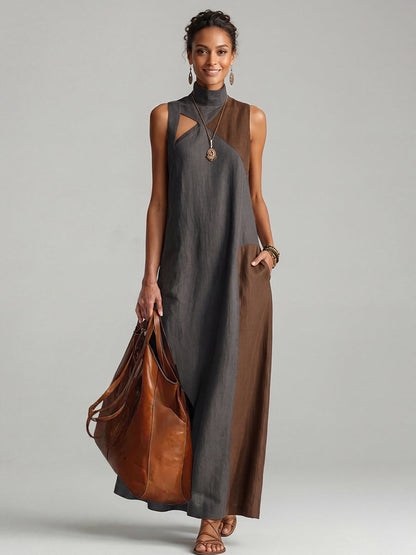 Loose Sleeveless Asymmetric Contrast Color Pockets Split-Joint Mock Neck Maxi Dresses