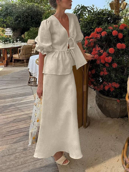 Tied Split-Joint Solid Color Pleated Short Sleeves Plus Size V-neck Two Pieces Set Skirts Bottoms Blouses&shirts Tops