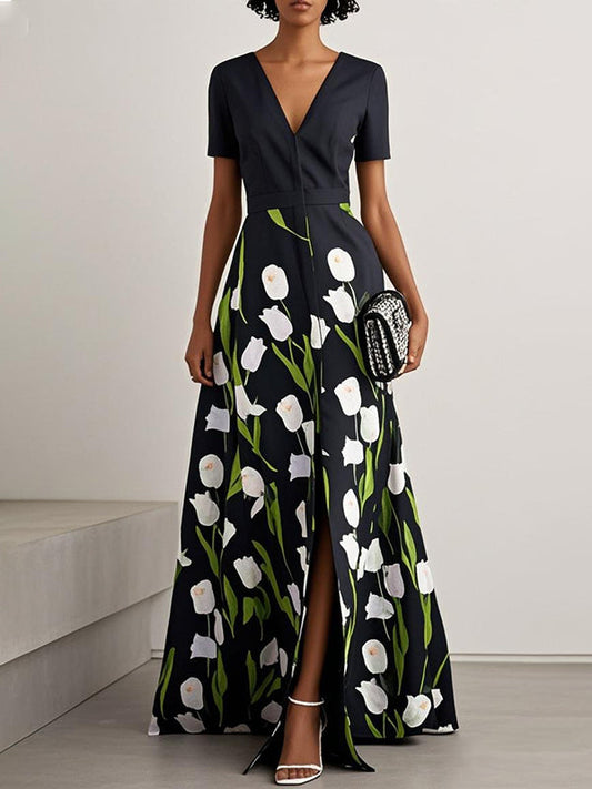A-Line High Waisted Flower Print Split-Front V-Neck Maxi Dresses