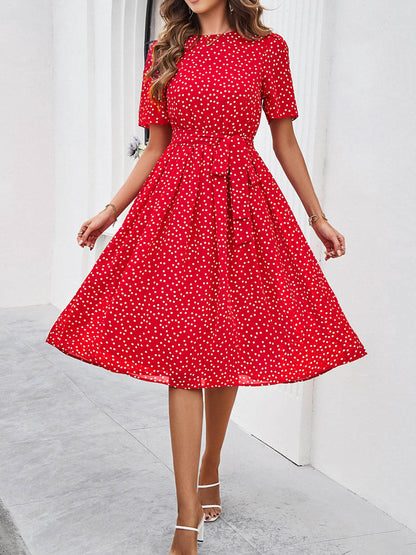 A-Line Elasticated Waist Contrast Color Polka Dot Split-Joint Tied Waist Round-Neck Midi Dresses