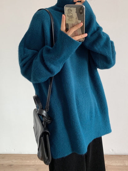 Long Sleeves Loose Solid Color Split-Side High-Neck Knitwear Pullovers Sweater Tops