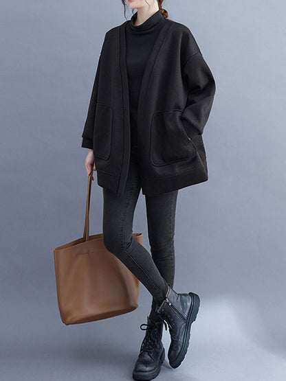 Long Sleeves Loose Pockets Solid Color Collarless Outerwear