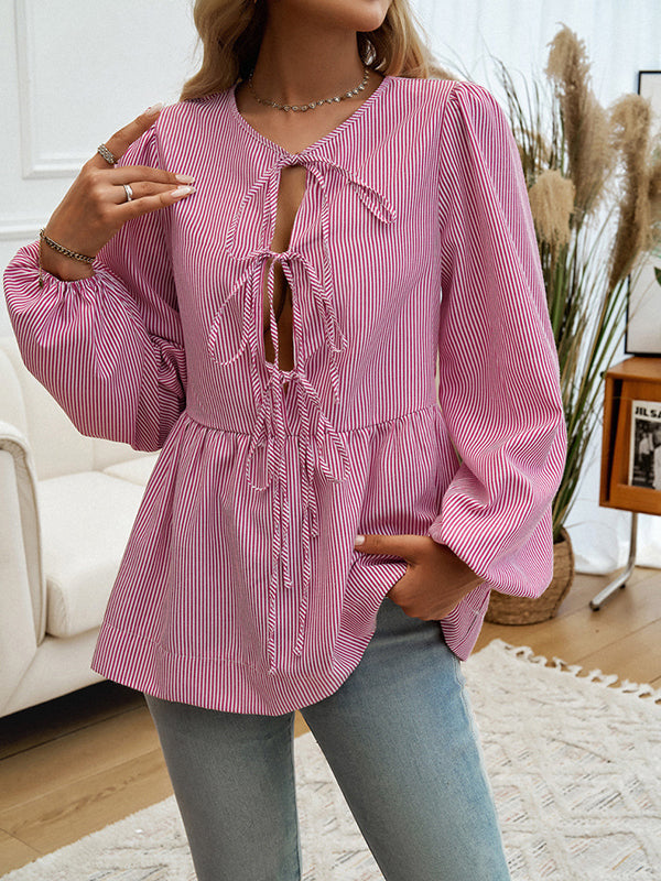 Long Sleeves Loose Elasticity Pleated Striped Tied Round-Neck Blouses&Shirts Tops