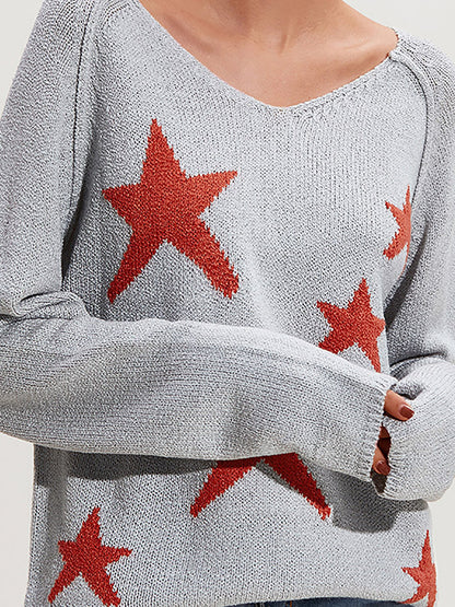 Long Sleeves Loose Split-Joint V-Neck Pullovers Sweater Tops