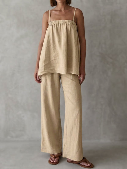 High Waisted Loose Elasticity Solid Color Spaghetti-Neck Vest Top +Pants Bottom Suits