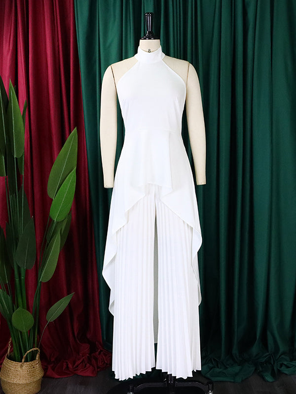 Loose Backless Lacy Solid Color Halter-Neck Vest Top + High-Low Pants Bottom Two Pieces Set