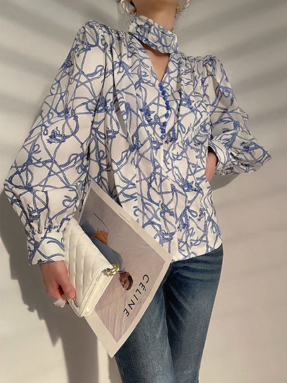 Bishop Sleeve Long Sleeves Buttoned Hollow High-Neck Blouses&Shirts Tops