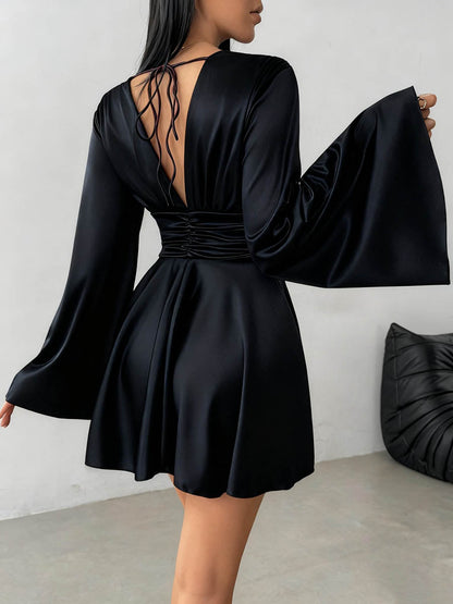 Bodycon Elasticated Waist Solid Color Deep V-Neck Mini Dresses