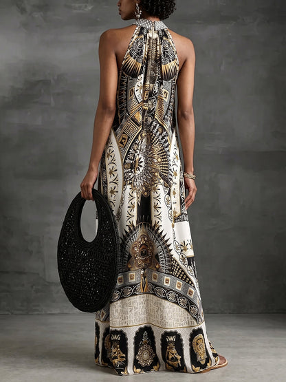 A-Line Loose Contrast Color Printed Zipper Halter-Neck Maxi Dresses