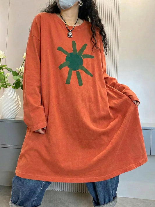 Plus Size Women Artsy Print Autumn Cotton Long Blouse