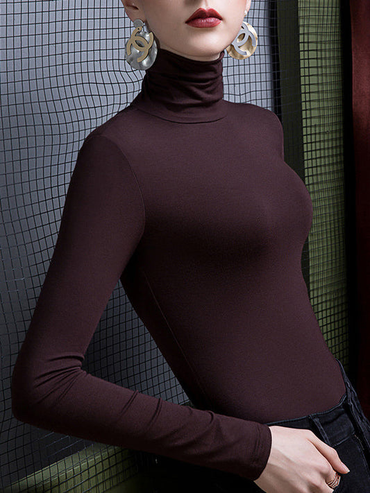 Long Sleeves Plus Size Solid Color Split-Joint High Neck T-Shirts