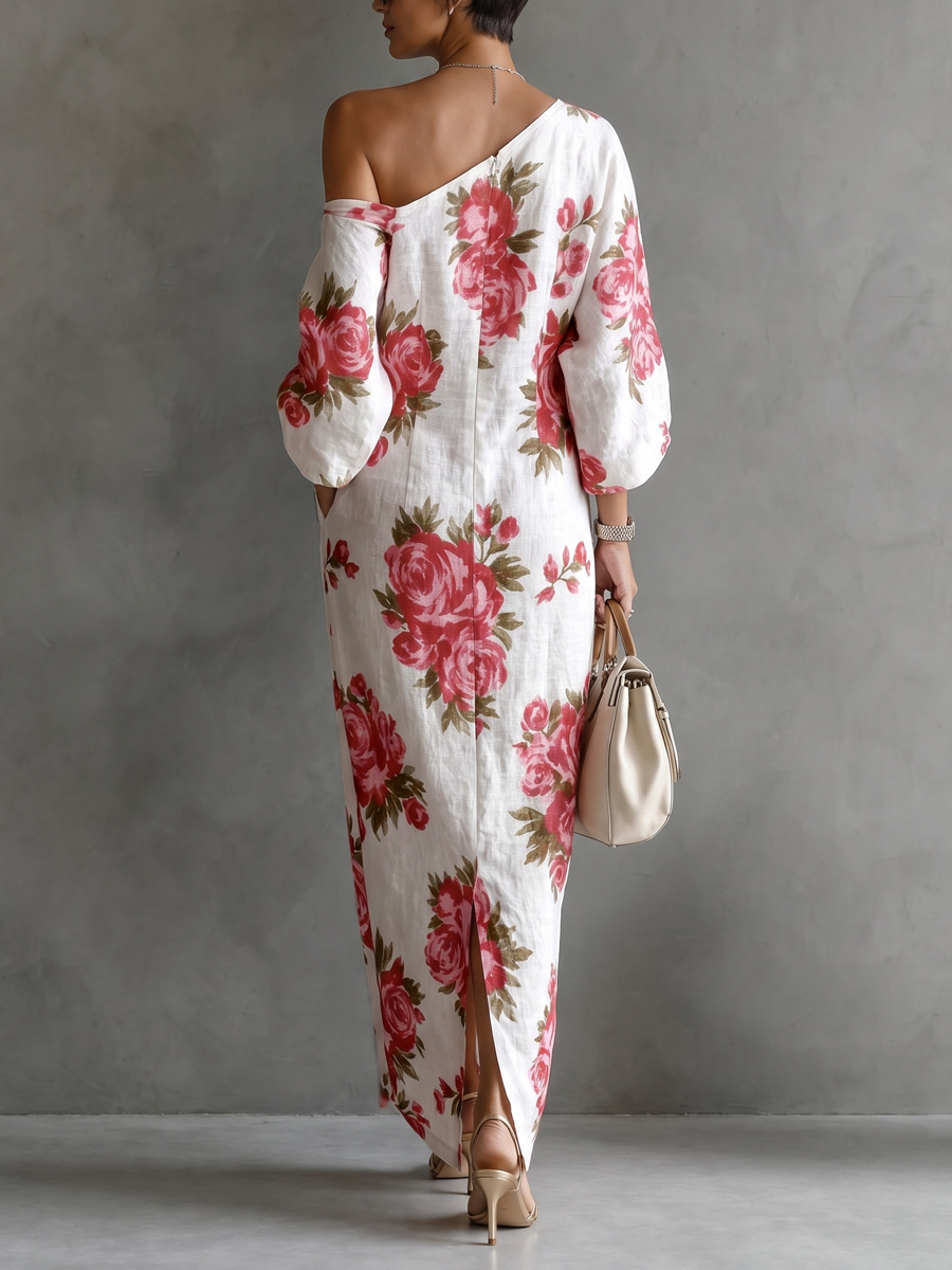 Pockets Flower Print Three-quarter Sleeves H-line One-shoulder Maxi Dresses