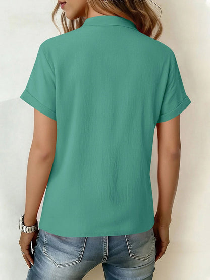 Loose Short Sleeves Buttoned Knot Ruffle Trim Solid Color V-Neck Blouses&Shirts Tops