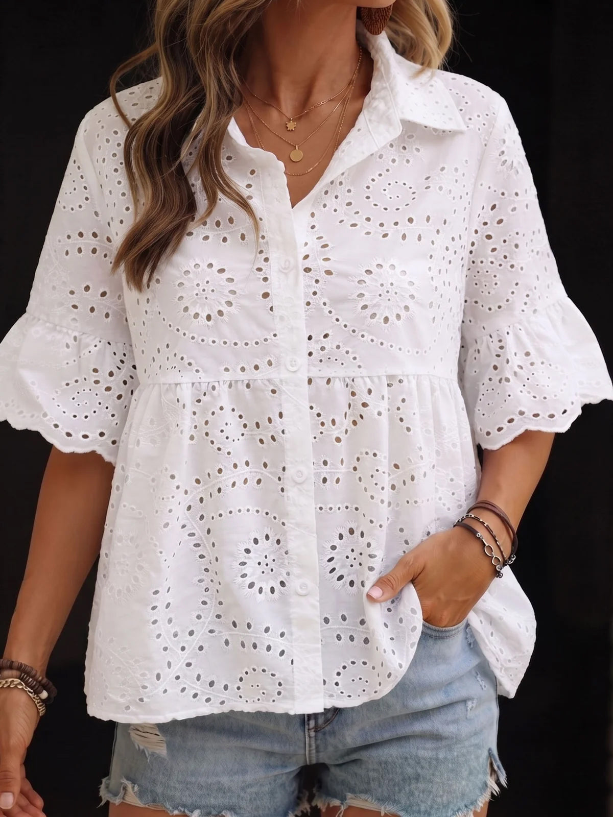 Split-Joint Solid Color Pleated Hollow Buttoned Loose Flared Sleeves Lapel Blouses&shirts Tops