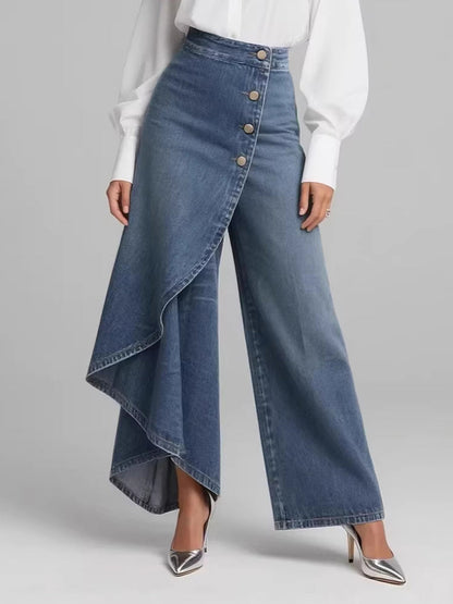High Waisted Irregularity Buttoned Layered Pockets Solid Color Split-Joint Jean Pants Bottoms
