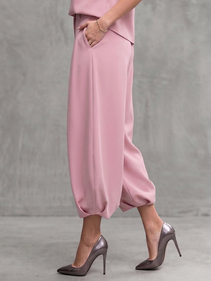 Cropped High Waisted Pleated Pockets Solid Color Pants Trousers