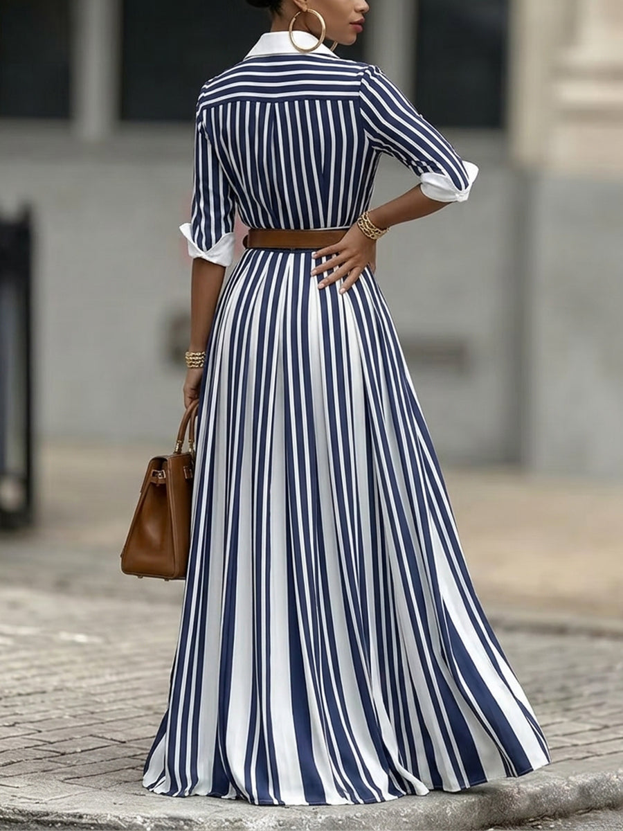 A-Line Loose Buttoned Contrast Color No Belt Striped Lapel Maxi Dresses