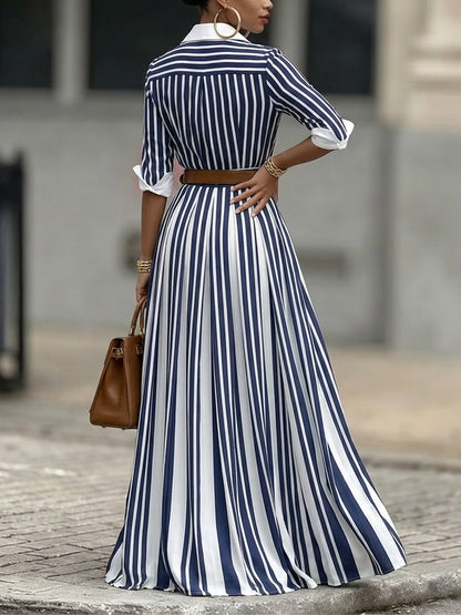 A-Line Loose Buttoned Contrast Color No Belt Striped Lapel Maxi Dresses