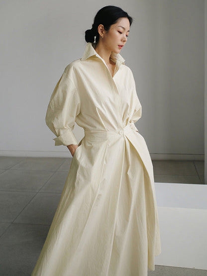 Long Sleeves Loose Buttoned Solid Color Lapel Midi Dresses
