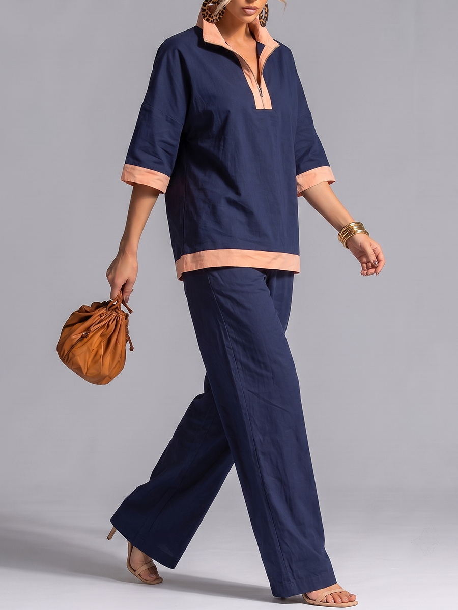 Half Sleeves Contrast Color Zipper V-neck Blouses&shirts Tops + High Waisted Pants Trousers Two Pieces Set