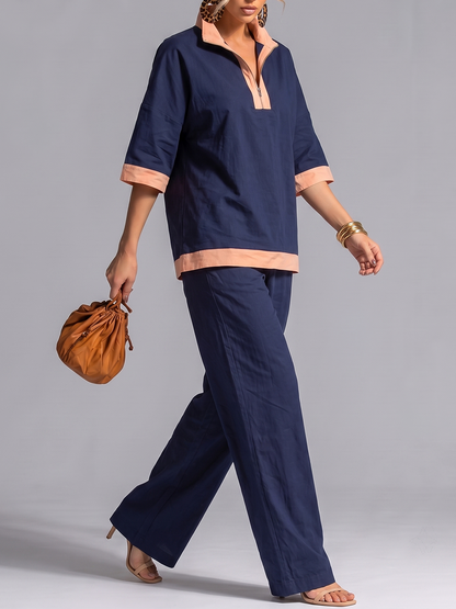 Half Sleeves Contrast Color Zipper V-neck Blouses&shirts Tops + High Waisted Pants Trousers Two Pieces Set
