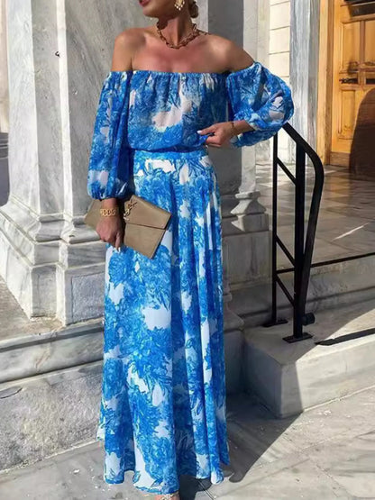 Long Sleeves Puff Sleeves Contrast Color High-Waisted Pleated Printed Split-Joint Off-The-Shoulder Maxi Dresses