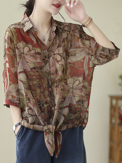 Long Sleeves Loose Buttoned Flower Print Tied Lapel Blouses&Shirts Tops