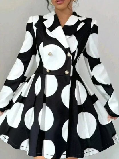 A-line High Waisted Buttoned Contrast Color Pleated Polka-Dot Lapel Mini Dresses
