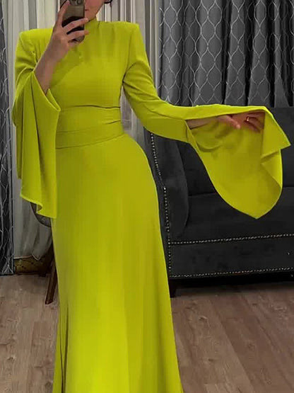 Ruffle Sleeves Skinny Belted Solid Color Round-Neck Maxi Dresses