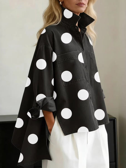 High-Low Irregularity Buttoned Contrast Color Pockets Polka-Dot Split-Joint Split-Side Stand Collar Blouses&Shirts Tops