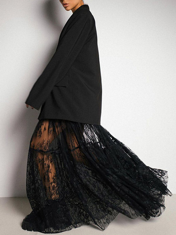 A-Line High Waisted Gauze Pleated See-Through Split-Joint Skirts