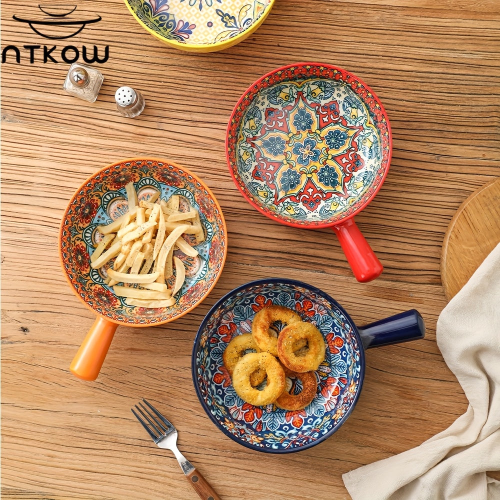 NTKOW 1 Set Of 4pcs The Underglaze Bohemian Carved-handle Bowl Blends Beauty And Practicality. Its Unique Underglaze Craft Ensures Lasting Bright Hues And Safety. The Smooth Carved Handle, Adding Art, Is Easy to Hold for Home