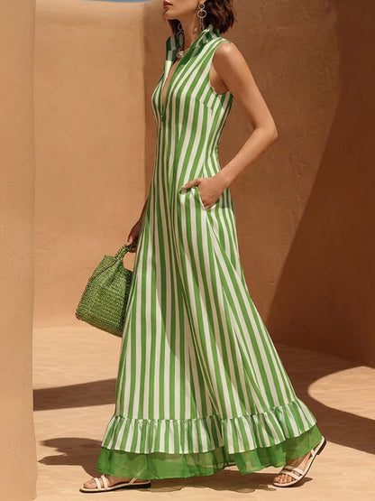 A-Line Loose Contrast Color Pockets Ruffled Split-Joint Striped Zipper Stand Collar Maxi Dresses