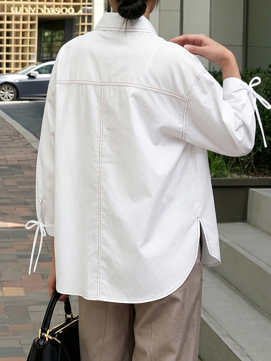 Loose Seven-Quarter Sleeves Buttoned Line Pockets Solid Color Tied Lapel Blouses&Shirts Tops