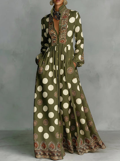 High Waisted Long Sleeves Big Hemline Buttoned Contrast Color Pleated Pockets Polka-Dot Stand Collar Maxi Dresses