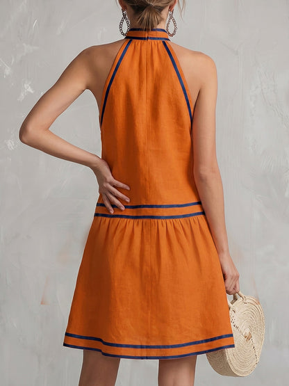 A-Line Sleeveless Contrast Color Pockets Zipper Halter-Neck Mini Dresses