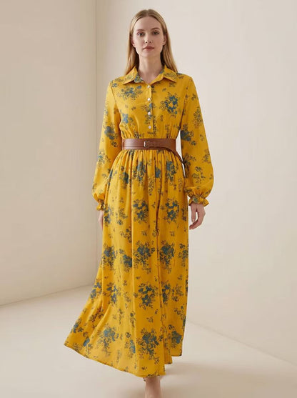 A-Line Elasticated Waist Belted Buttoned Contrast Color Flower Print Pleated Split-Joint Lapel Maxi Dresses Shirt Dress